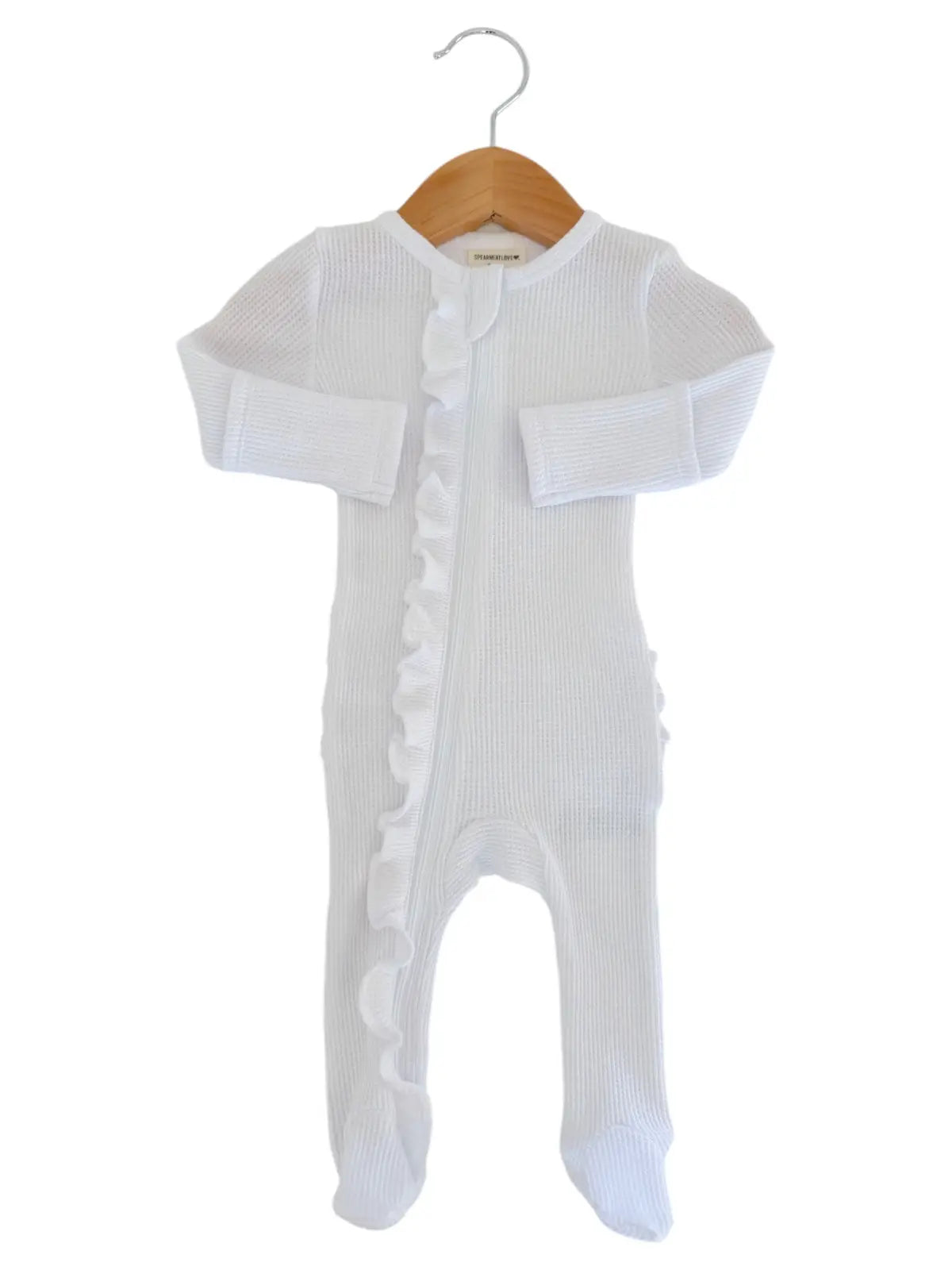 White – Organic Waffle 2-Way Zip Ruffle Footie