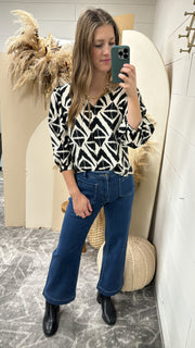 Bold Print V-Neck Blouse with Voluminous Sleeves