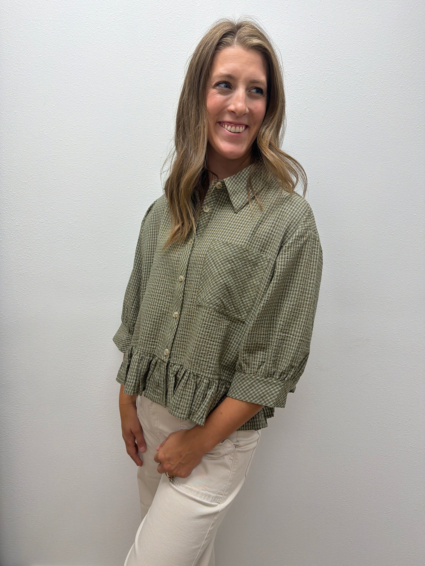 Micro Check Ruffle Hem Button Down Shirt