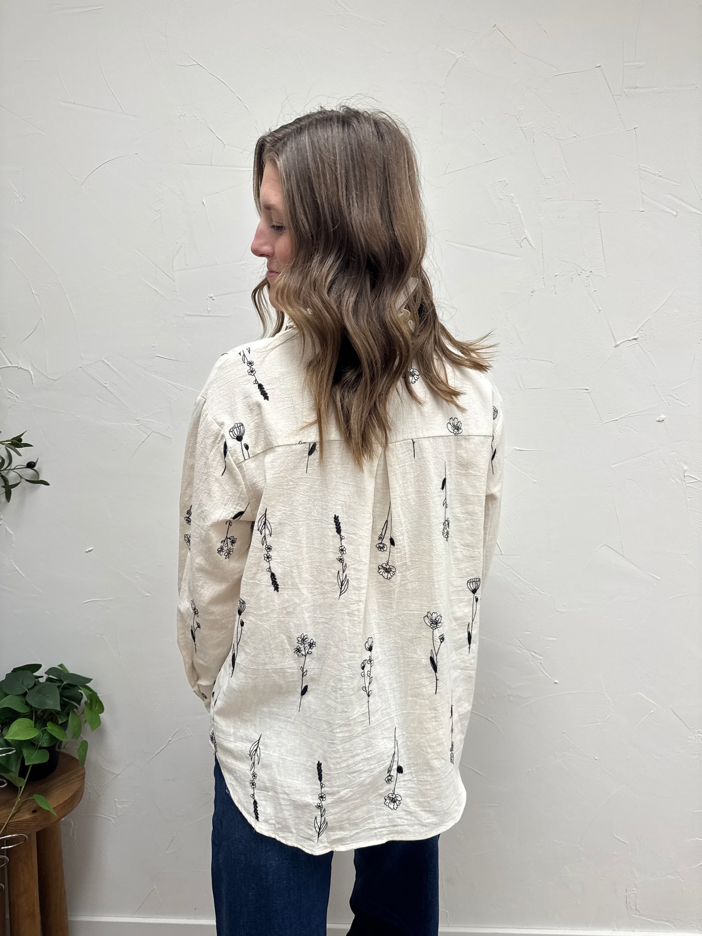 Botanical embroidery long sleeve top