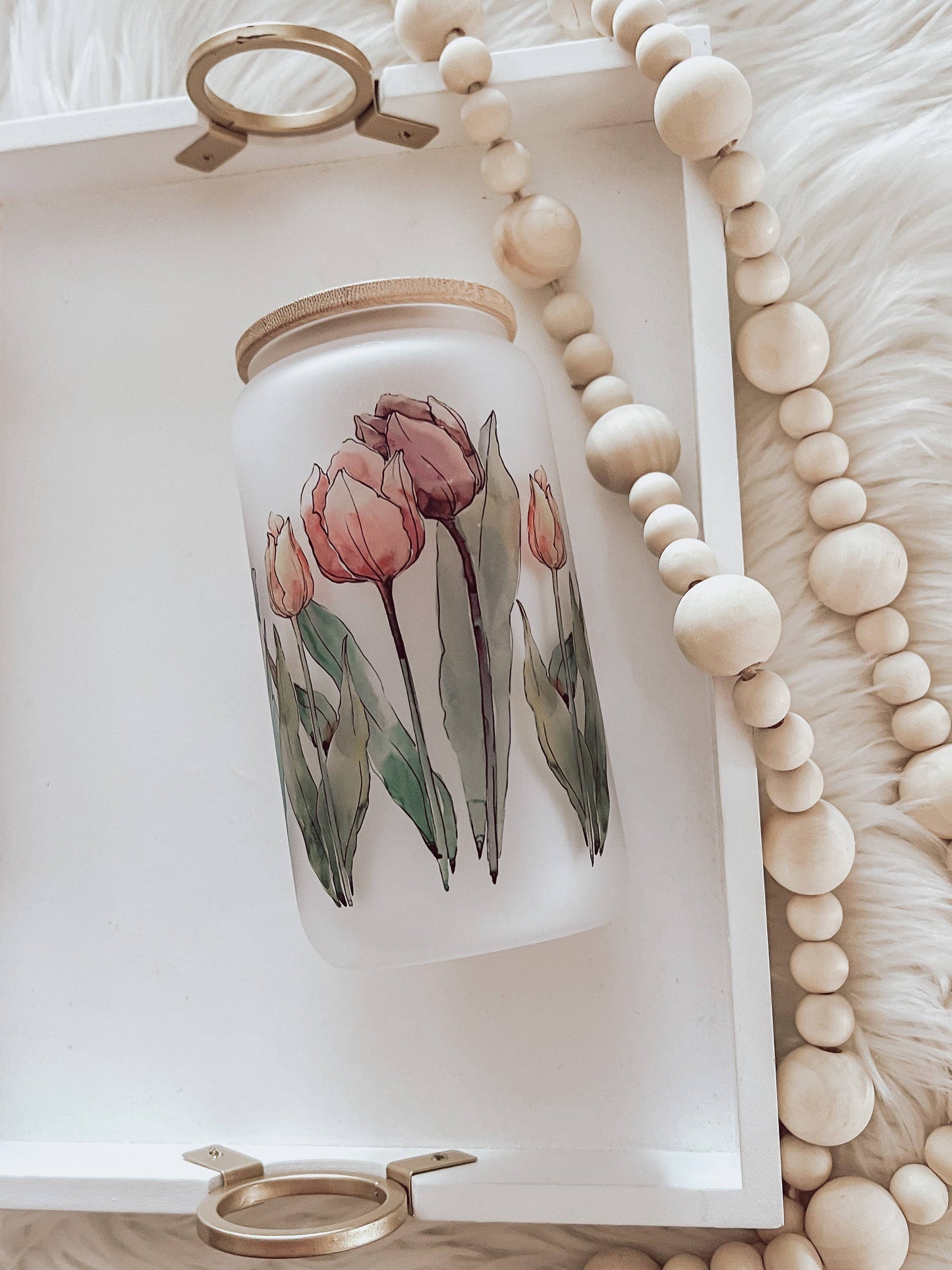 Watercolor Tulips Frosted 16oz Glass Cup with Bamboo Lid