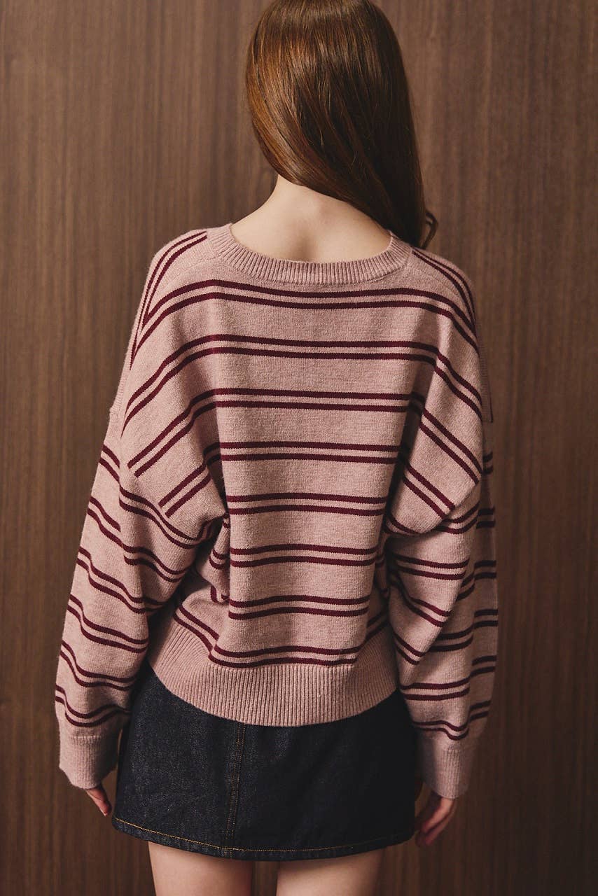 ROUND NECK STRIPE KNIT SWEATER TOP