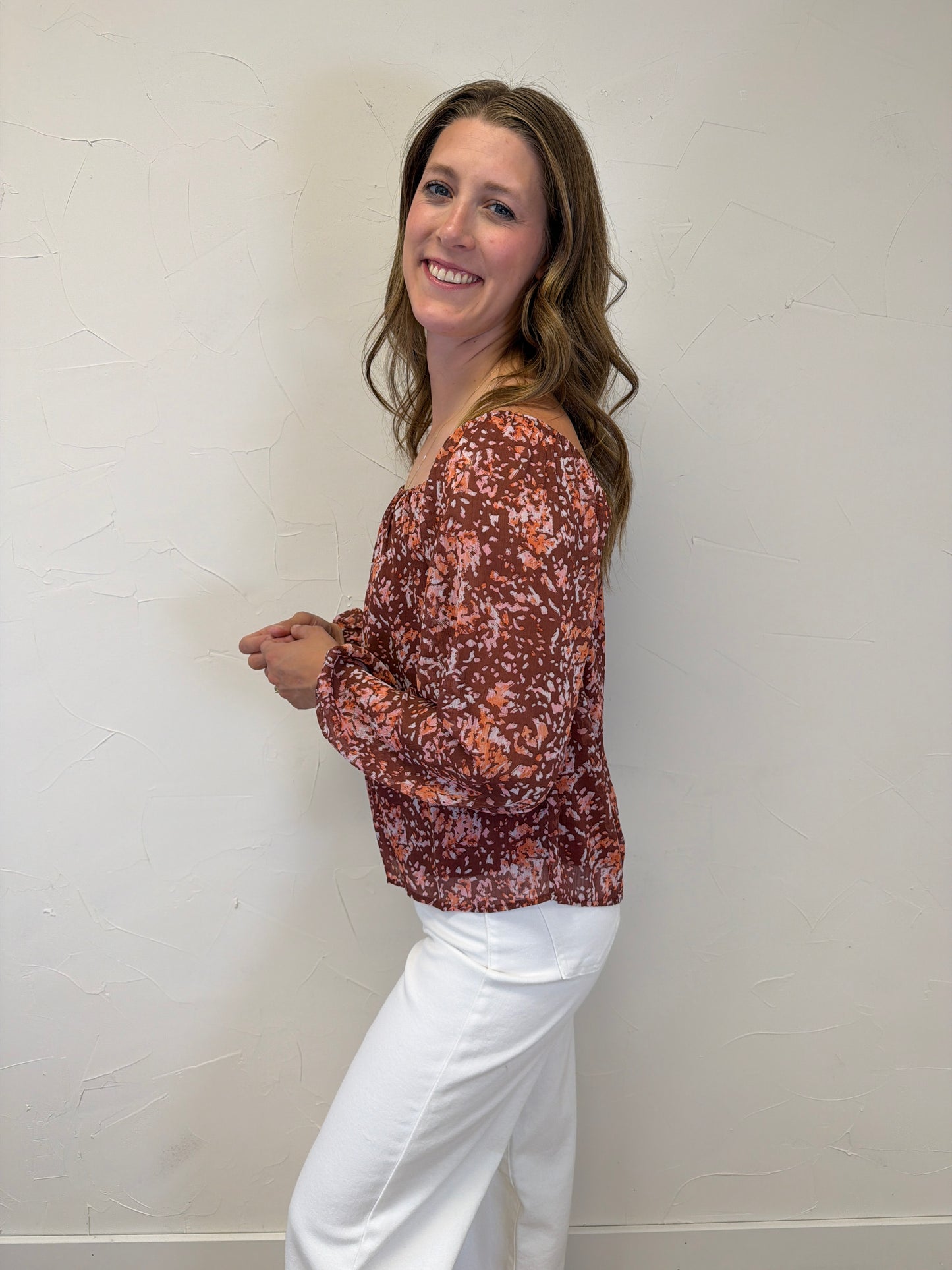 Long Sleeve Square Neck Floral Top