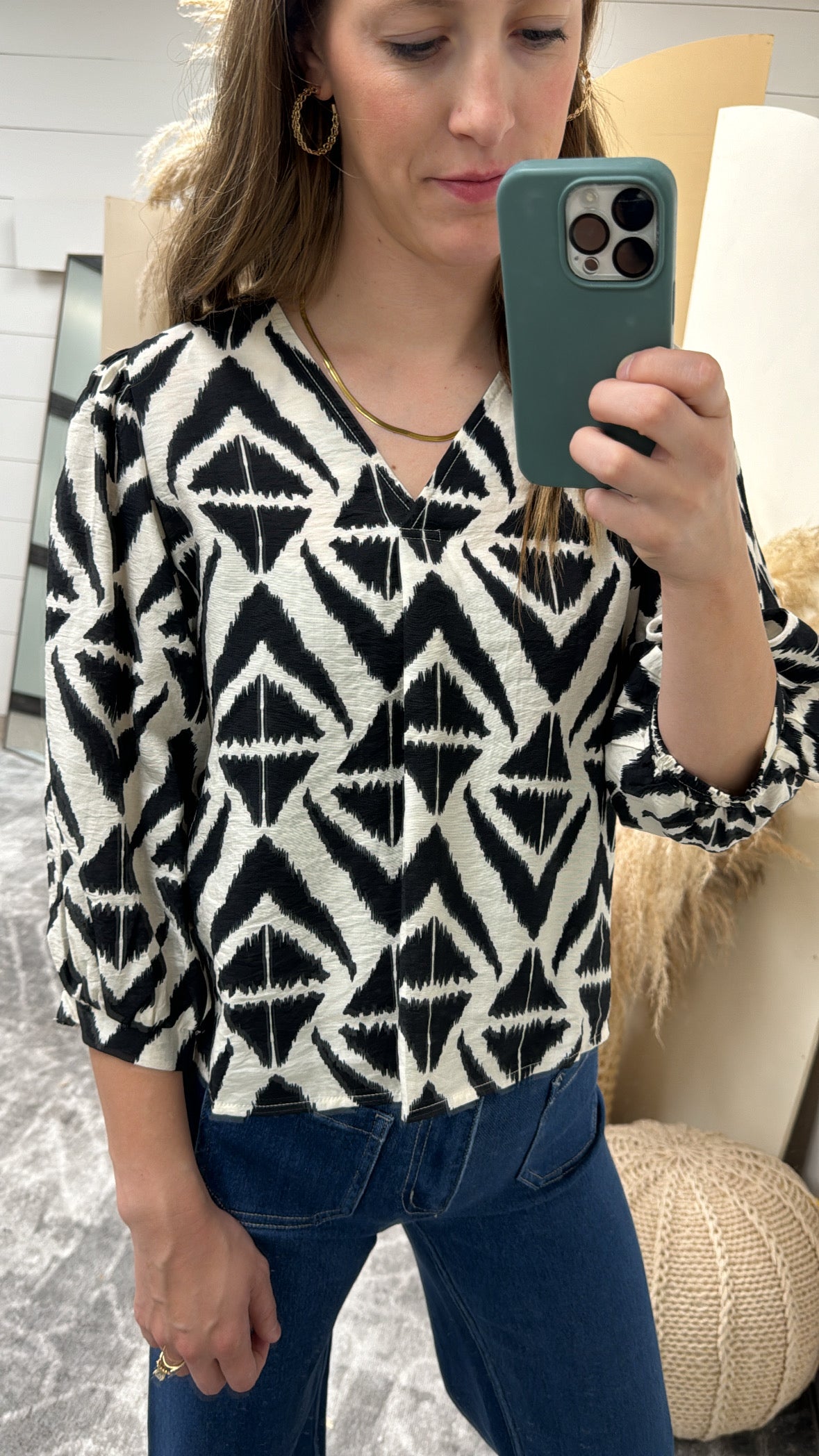 Bold Print V-Neck Blouse with Voluminous Sleeves