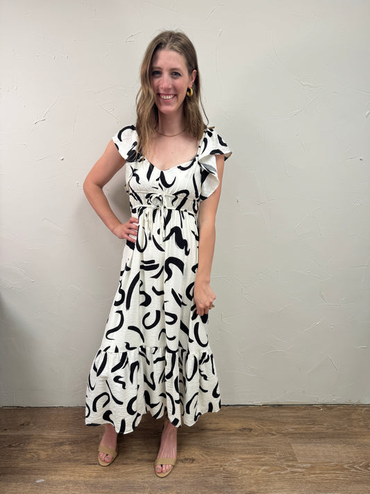 Line Print Front Tie Flutter Sleeve Midi Dress