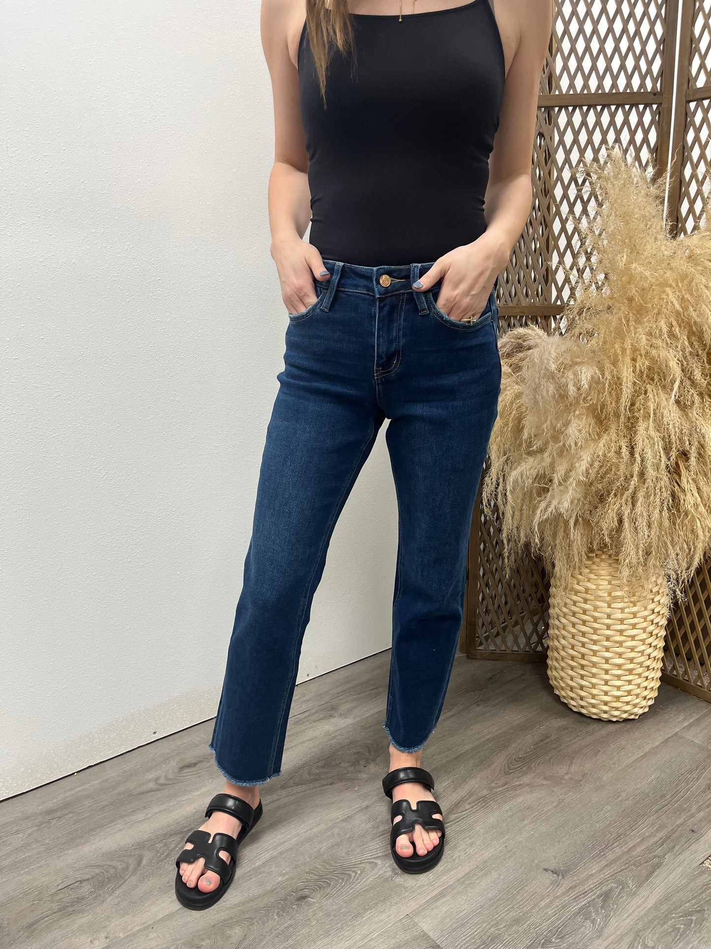 High Rise Raw Hem Ankle Straight Jeans