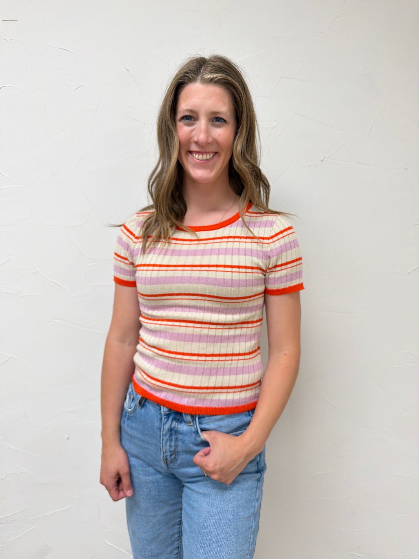 Knit Sweater Multi Color Striped Short Sleeve