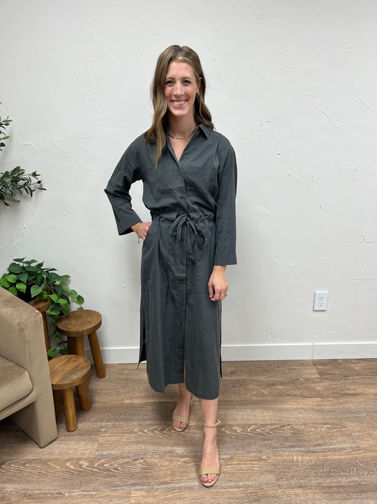 Side Slit Shirt Long Dress with Waist Tie