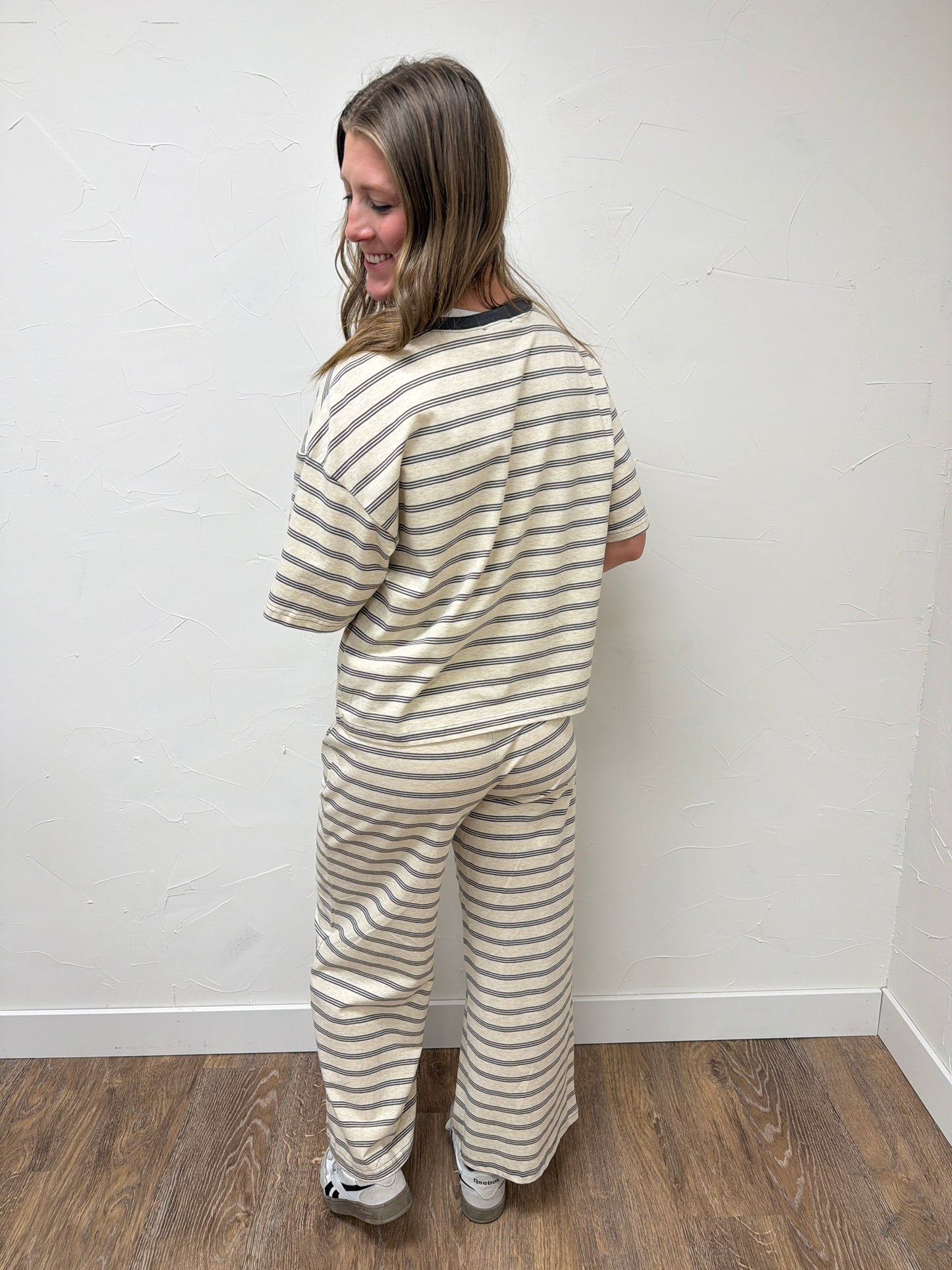 Striped Knit Top and Wide Leg Bottom Pant Set