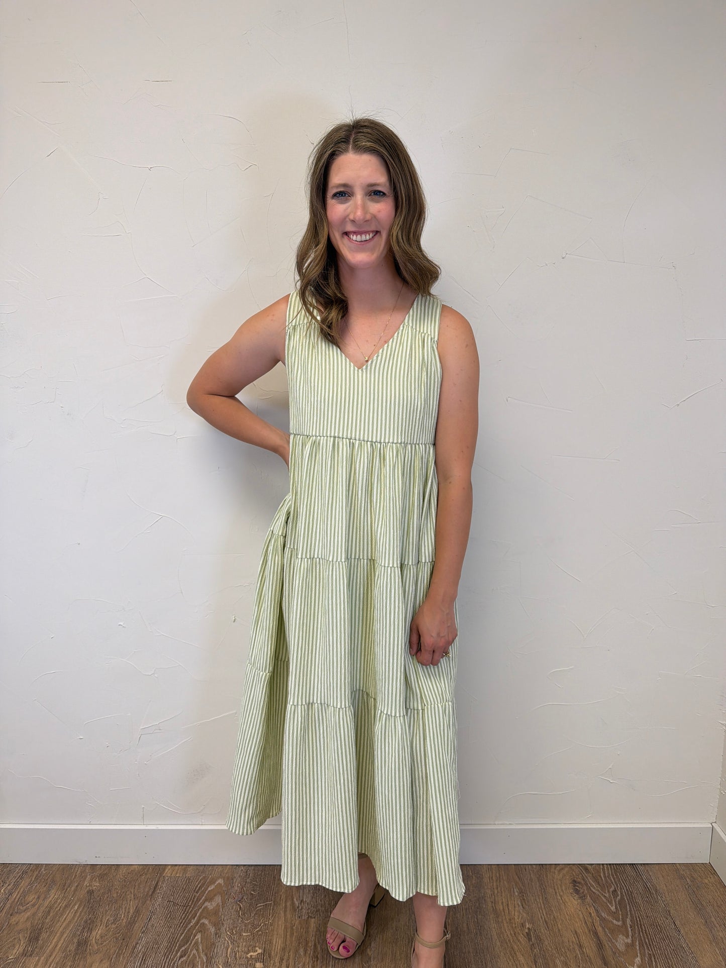 V Neck Sleeveless Tiered Stripe Midi Dress