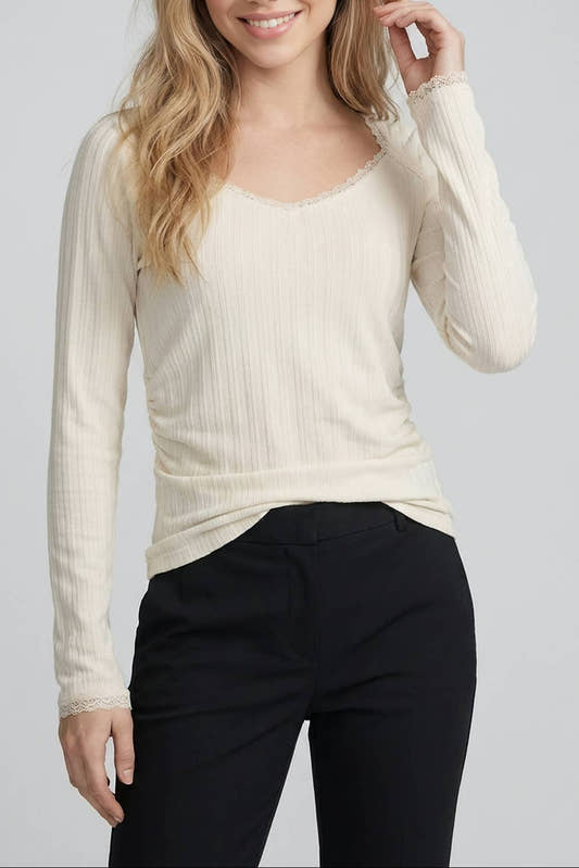 TEXTURED RIB LACE DETAIL SIDE RUCHED SIDE TOP