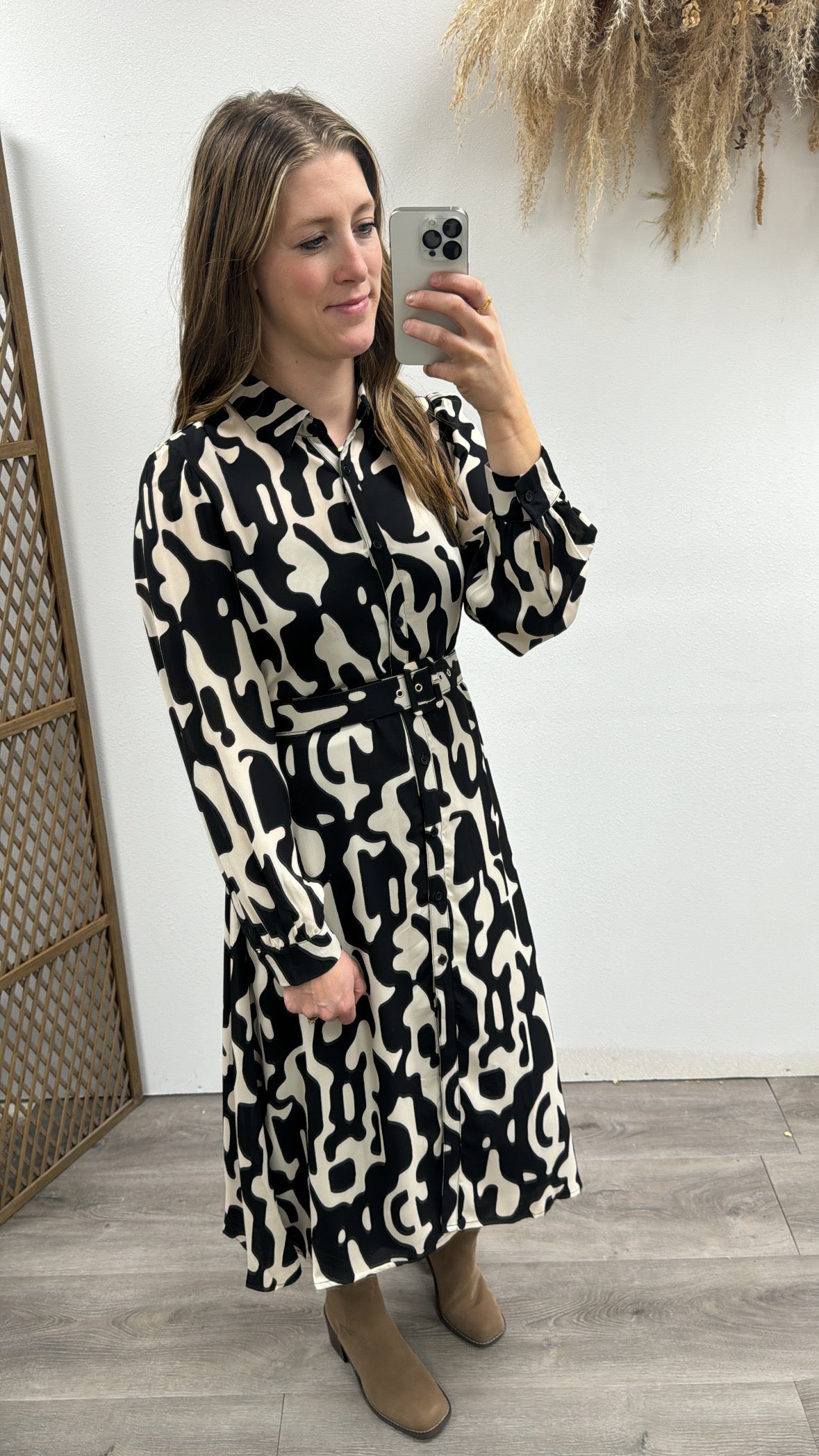 Long Sleeve Belted Chiffon Shirt Dress