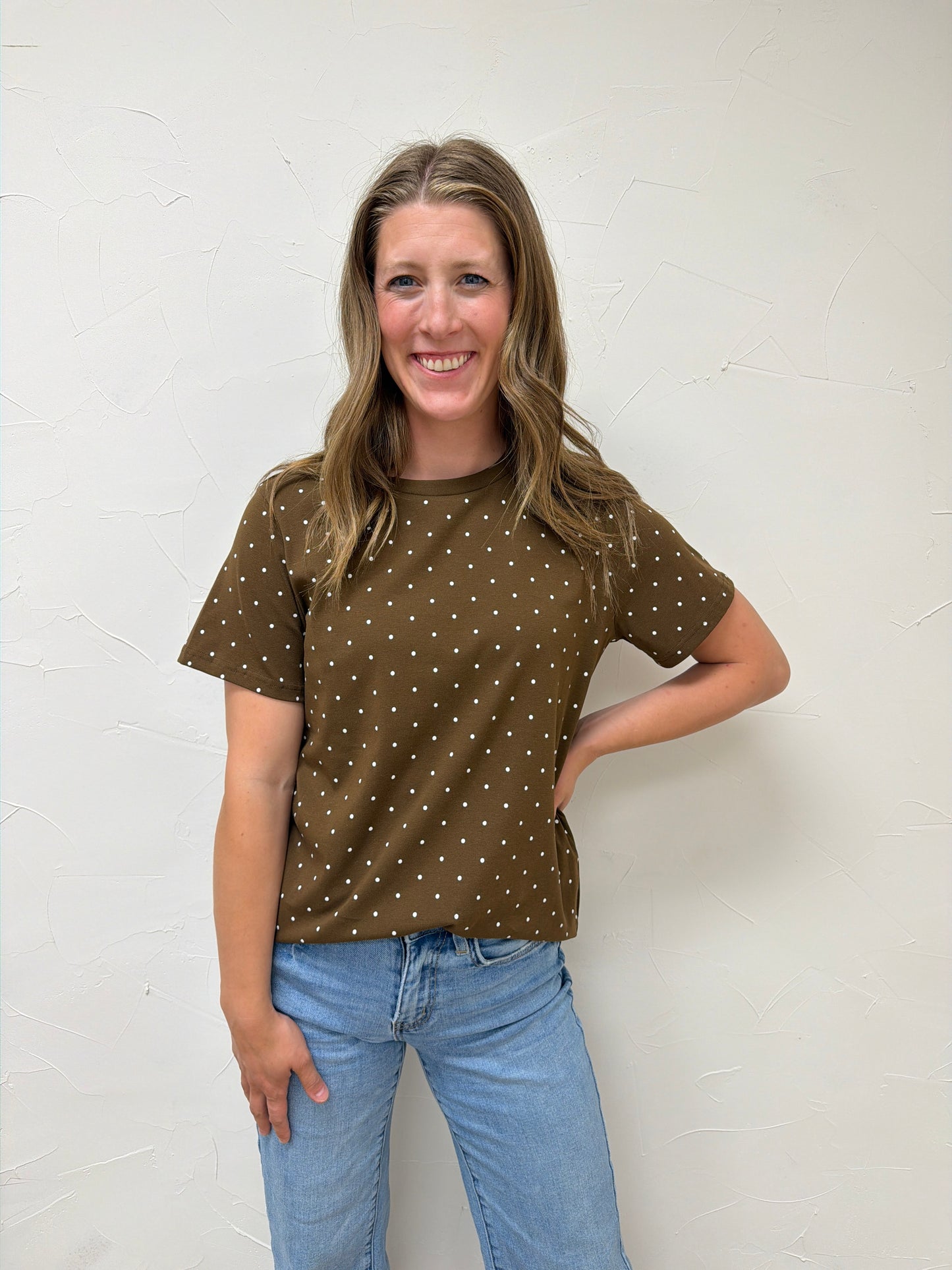 Polka Dot Crew Neck Cotton KNit Top