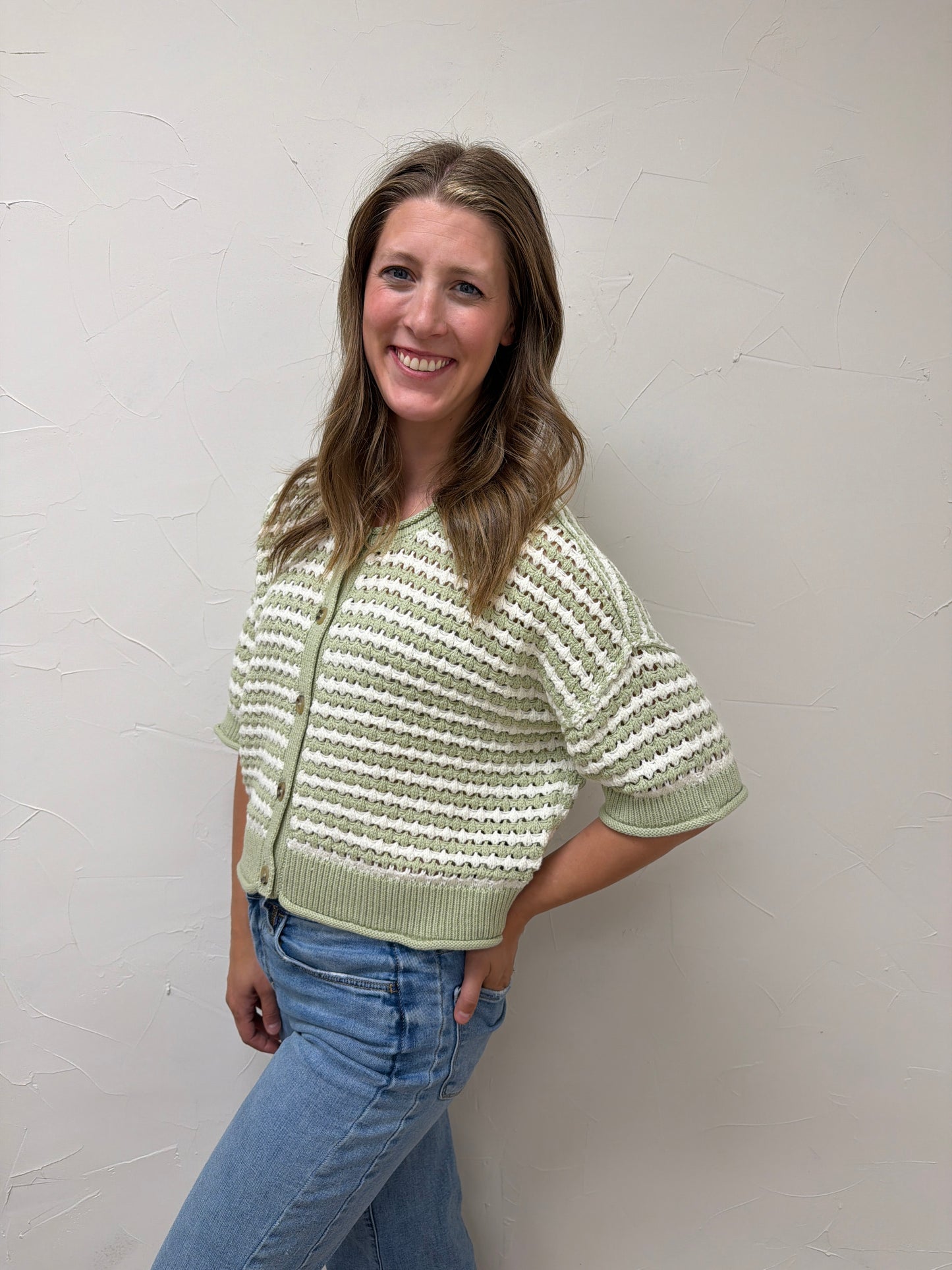 Stripe Short Sleeve Crochet Knit Cardigan
