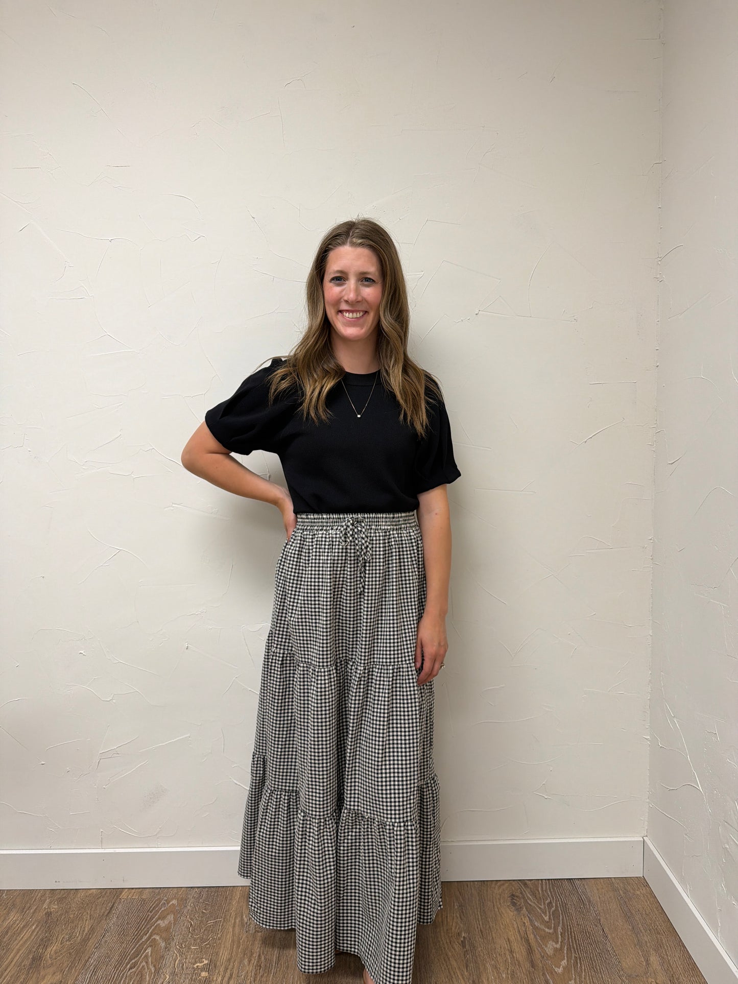 Plaid Tiered Ruffled Drawstring Maxi Skirt