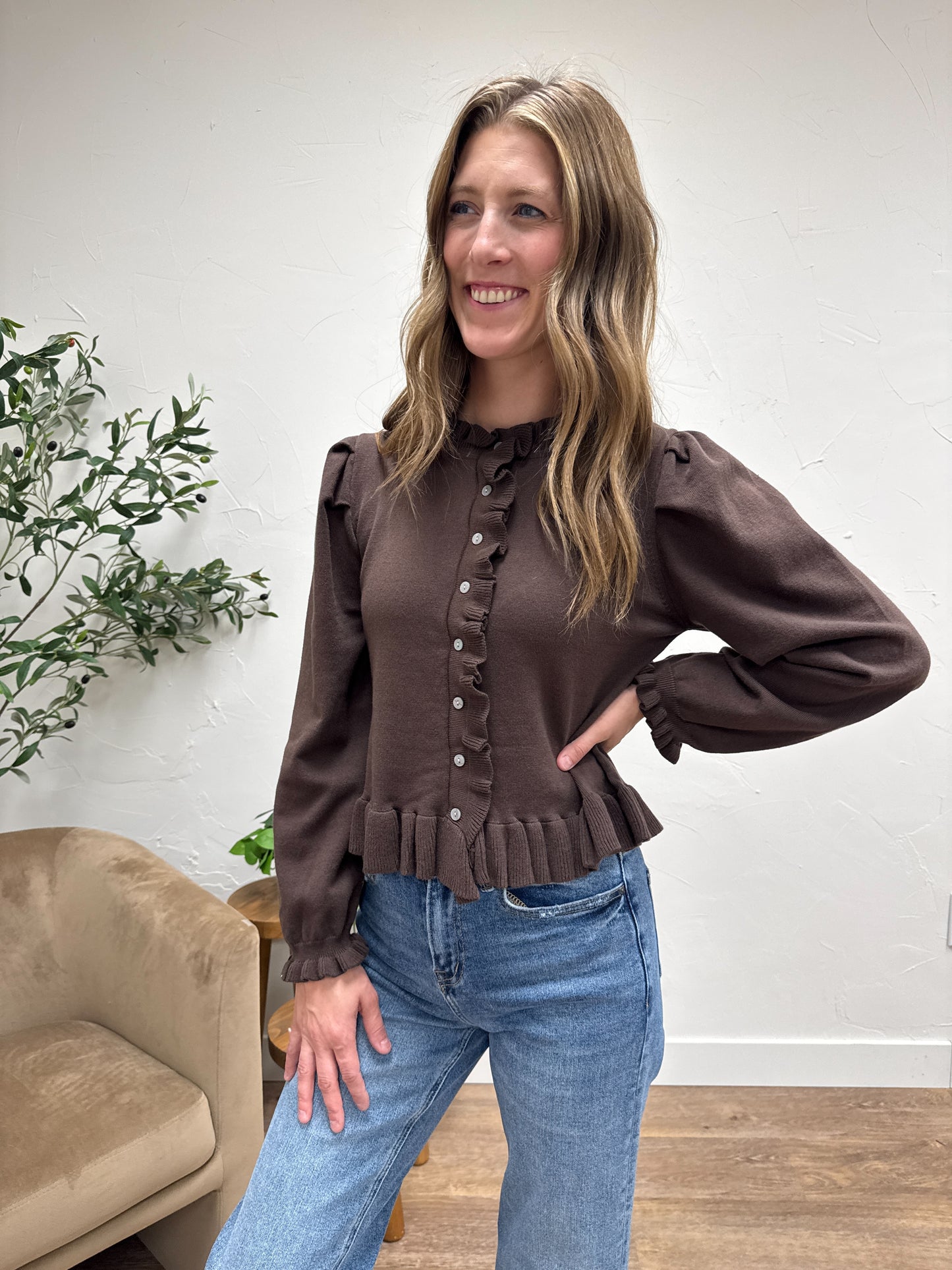 Ruffle Detail Button Sweater