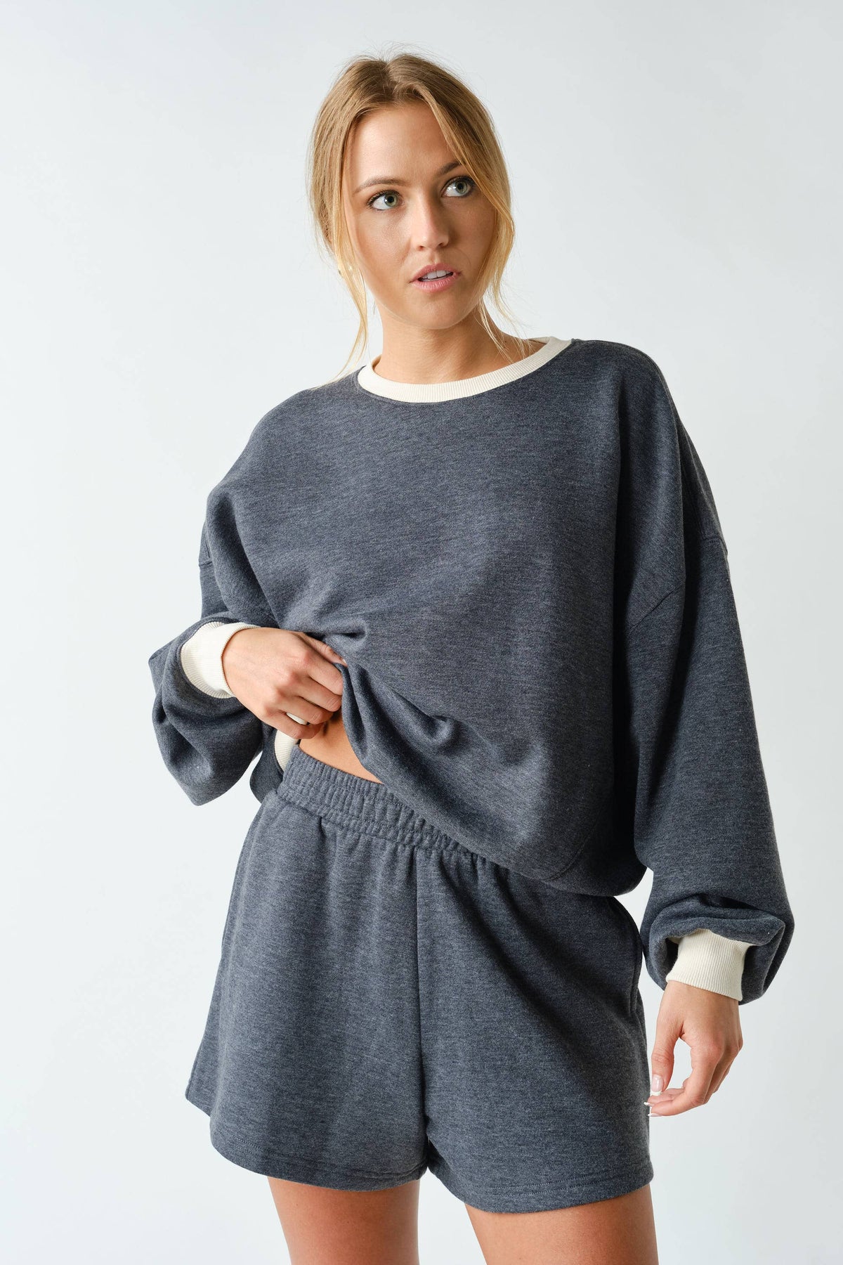 Cotton Fleece Contrast Crewneck Set