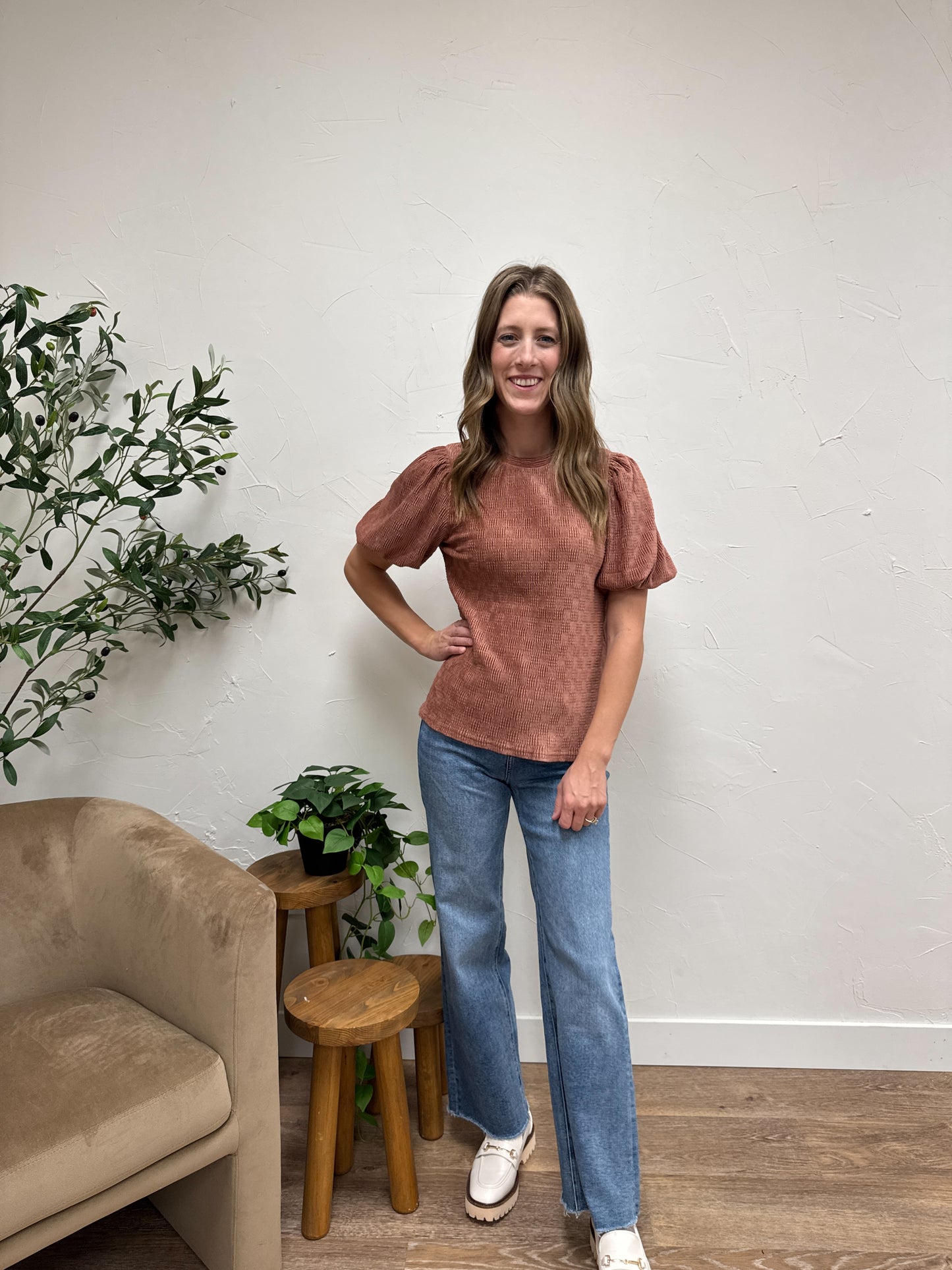 Textured Velvet Bubble Sleeve Top