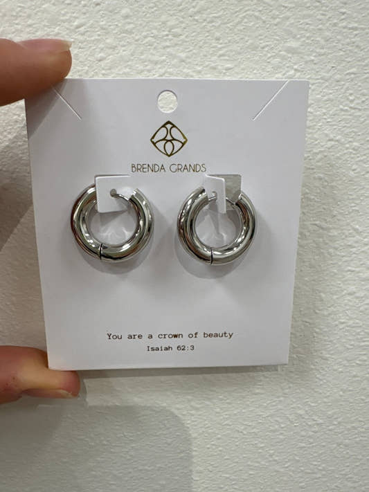 Front view of silver 574 chunky mini hoops earrings — Three:Twelve Boutique