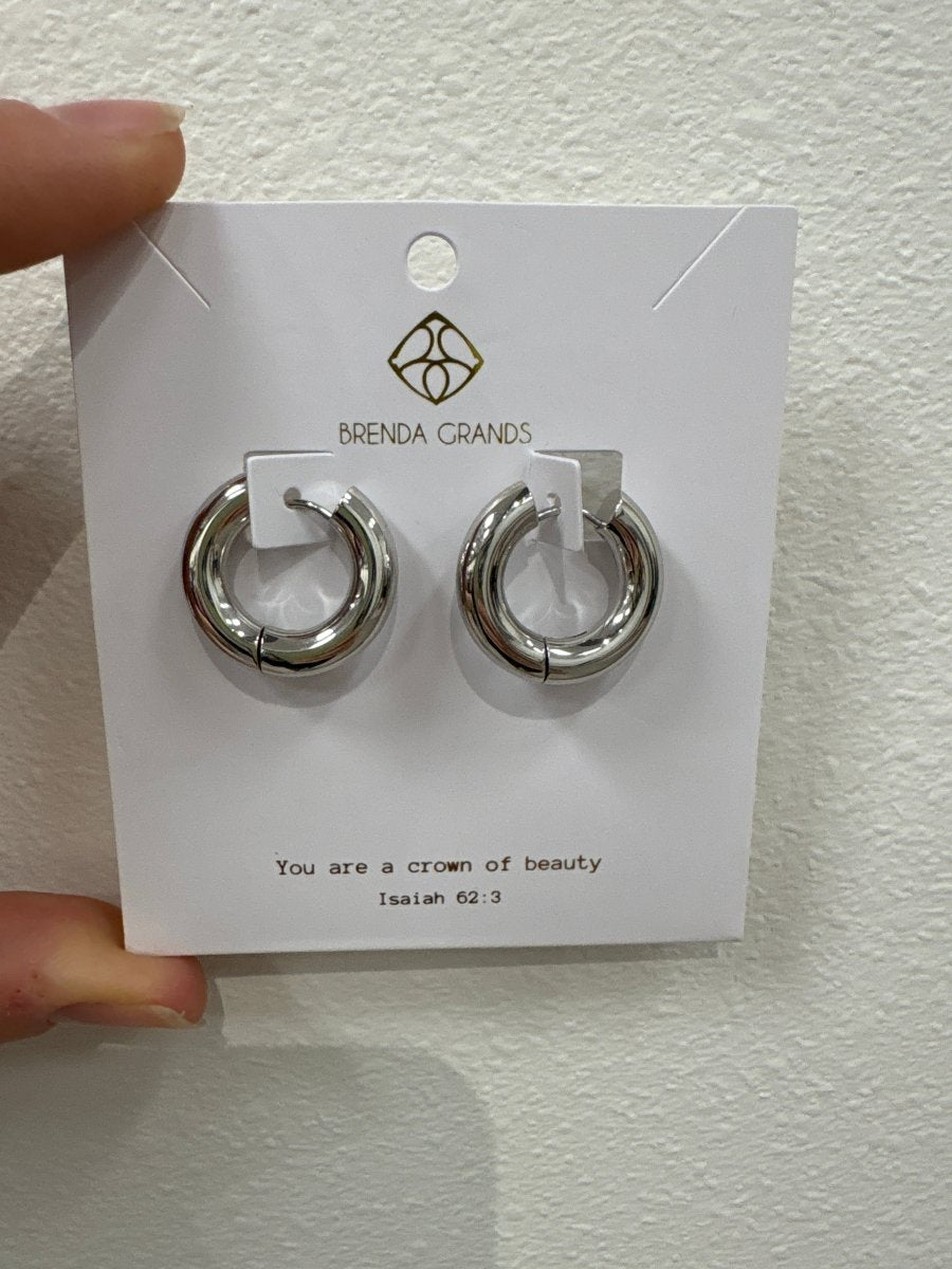 Front view of silver 574 chunky mini hoops earrings — Three:Twelve Boutique