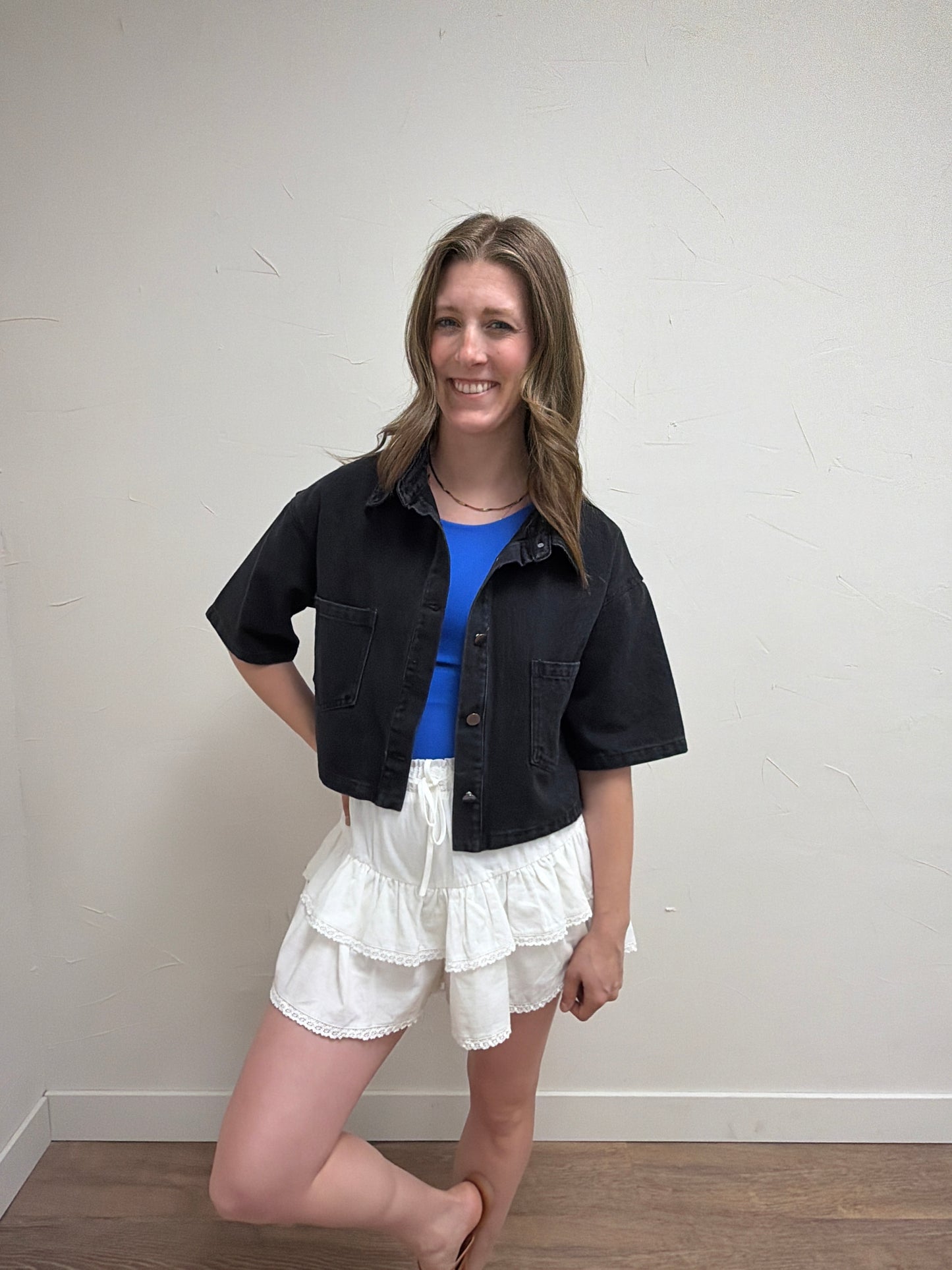 Cropped Denim Short Sleeve Jacket