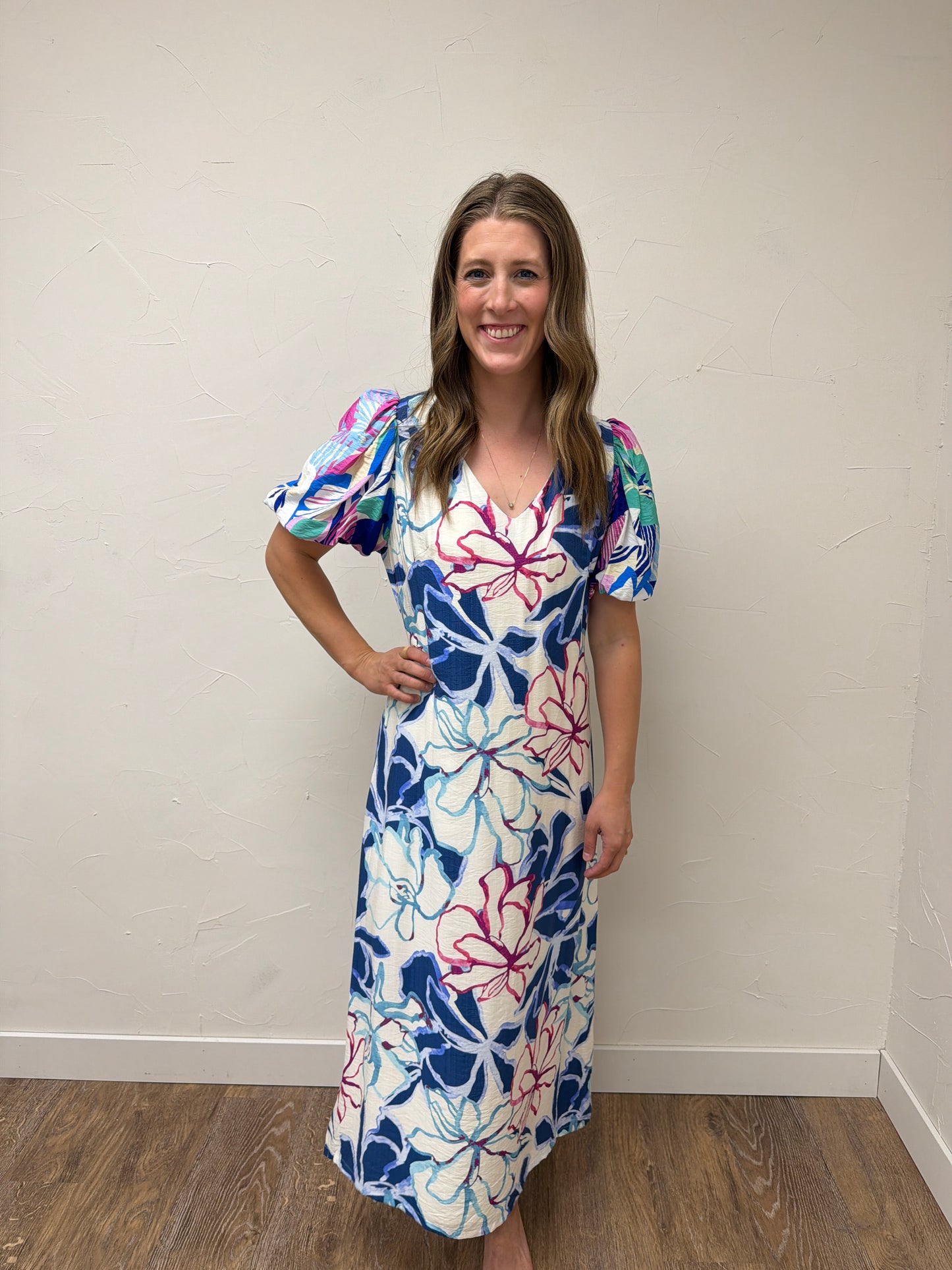 Tropical Floral Puff Sleeve Maxi Dress