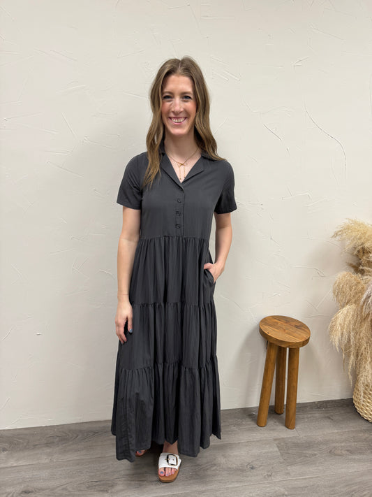 Collared Neck button Down Tiered Maxi Dress