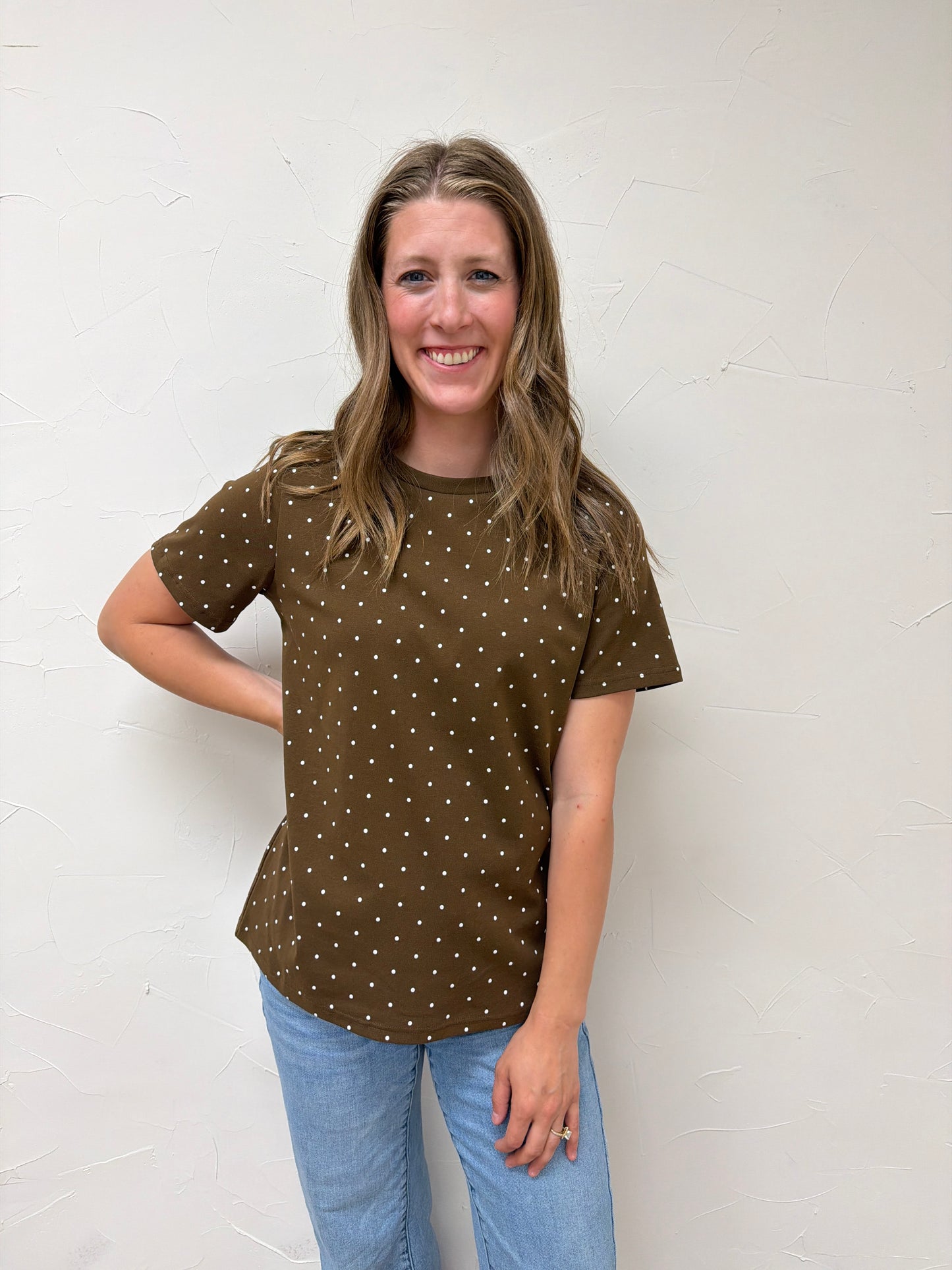 Polka Dot Crew Neck Cotton KNit Top