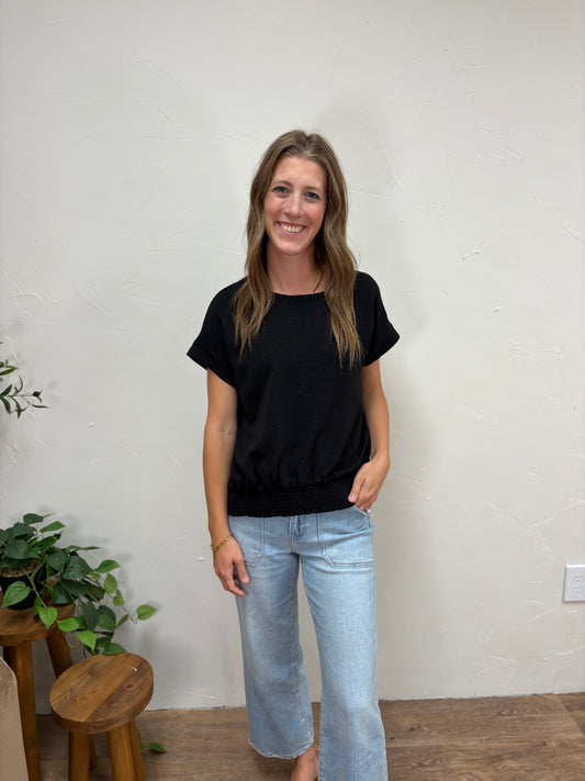 Wide Crew Neck Smocked Band Blouse