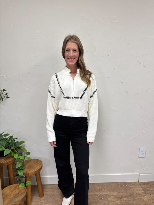 Knit Half-Zip Sweater with Contrast Stitch Detail