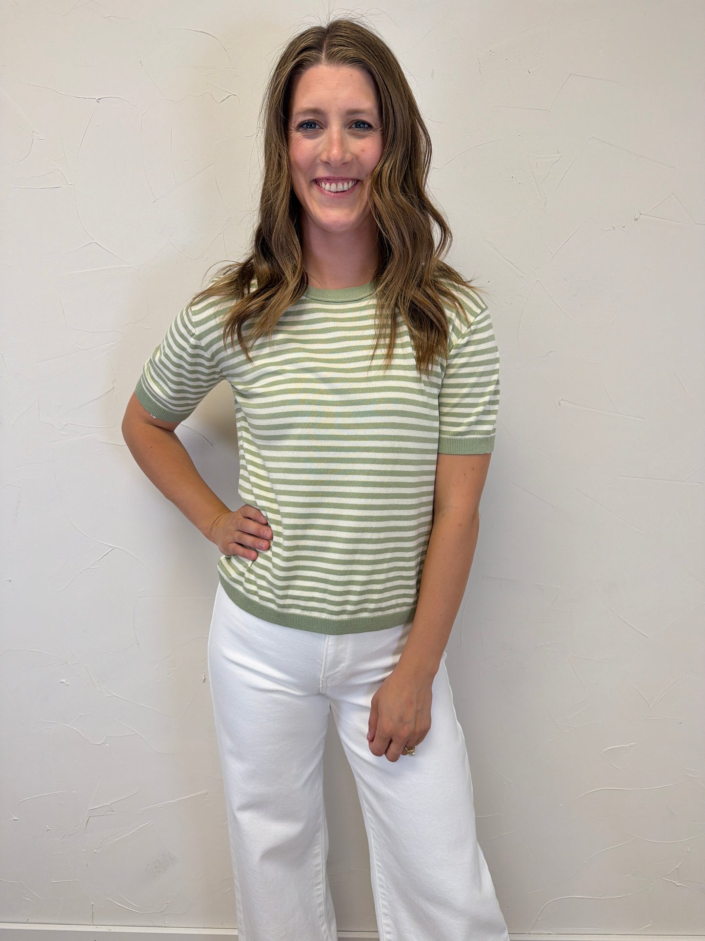 Crew Neck Half Sleeve Striped Sweater