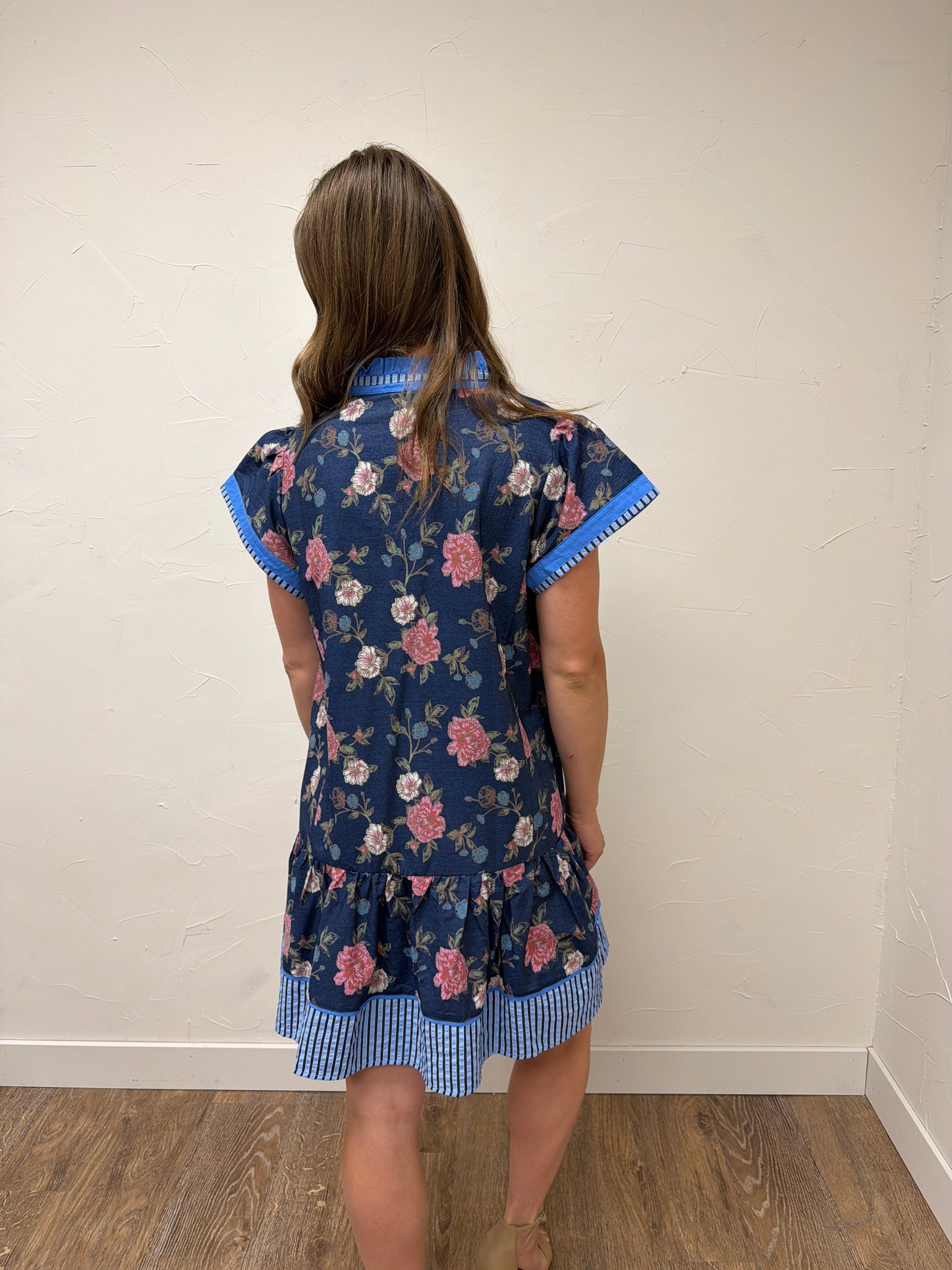 Floral Contrast Trim Ruffle Hem Mini Dress