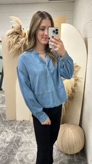 Denim Split Neck Side Slit Top