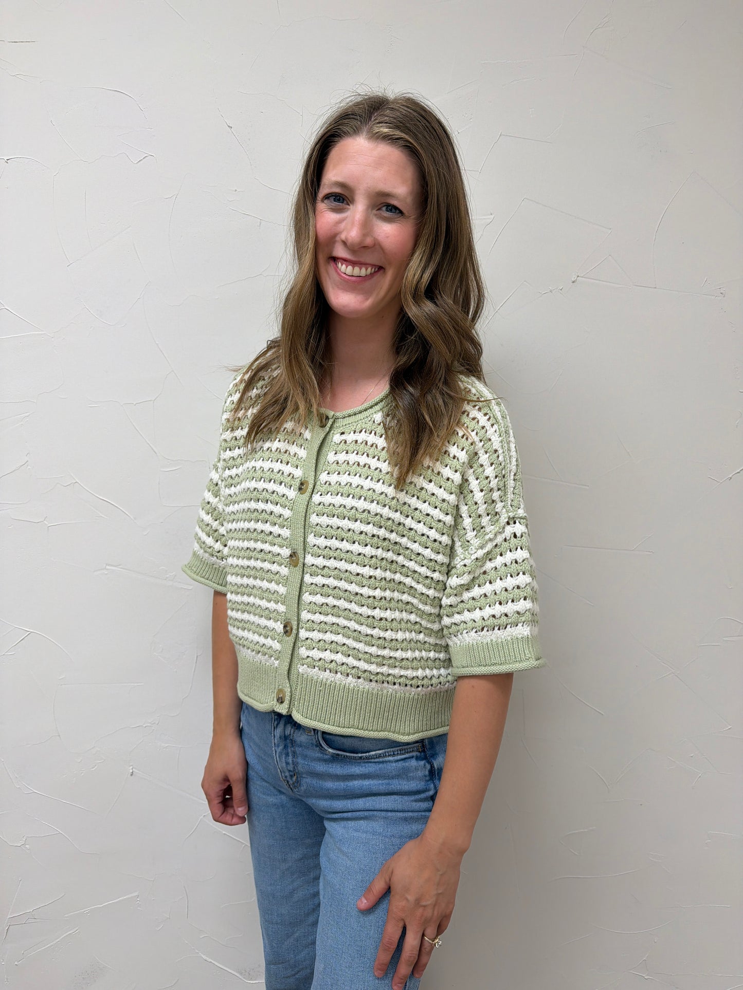 Stripe Short Sleeve Crochet Knit Cardigan