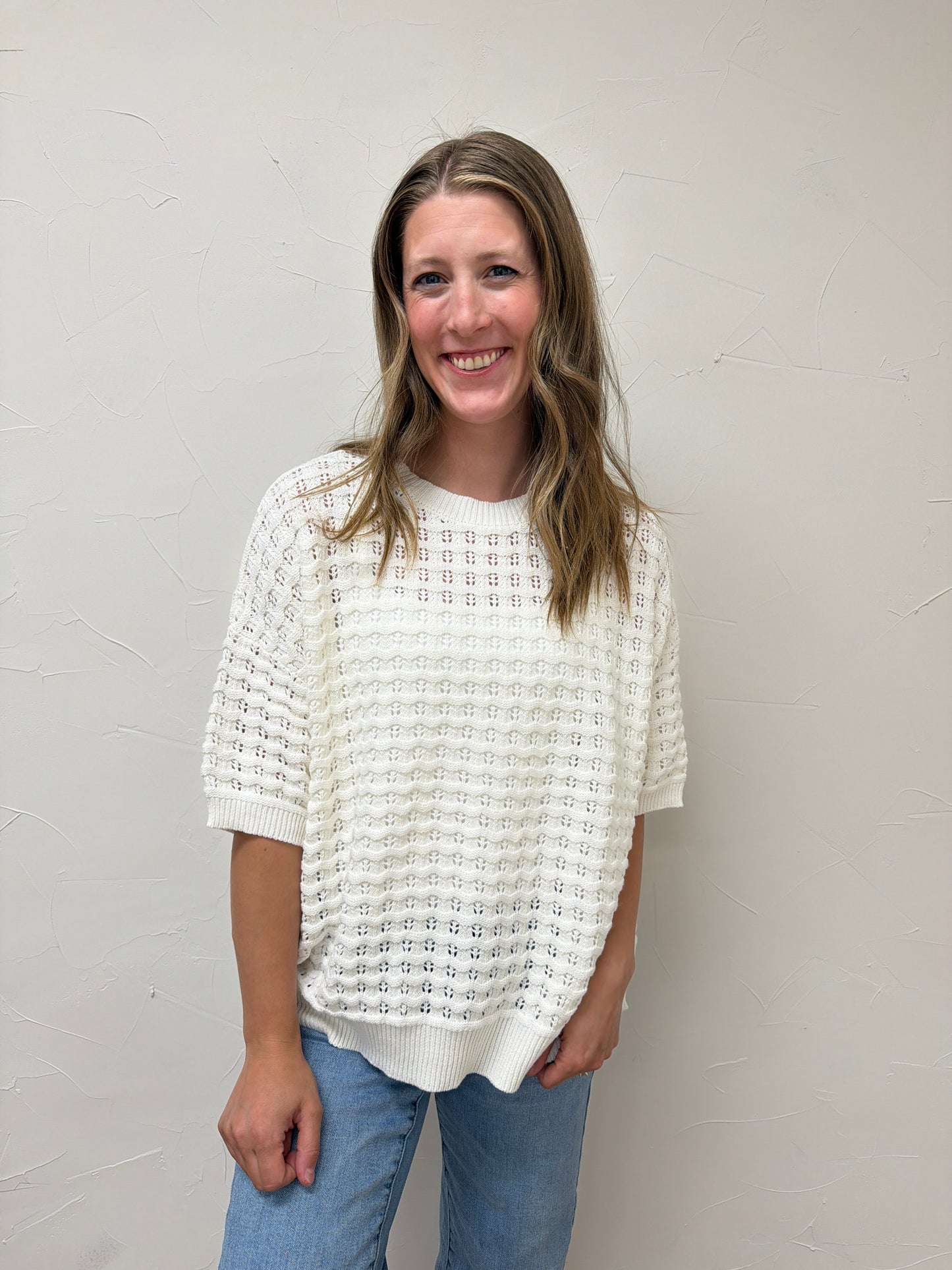 Crew Neck Crochet Textured Knitted Sweater Top