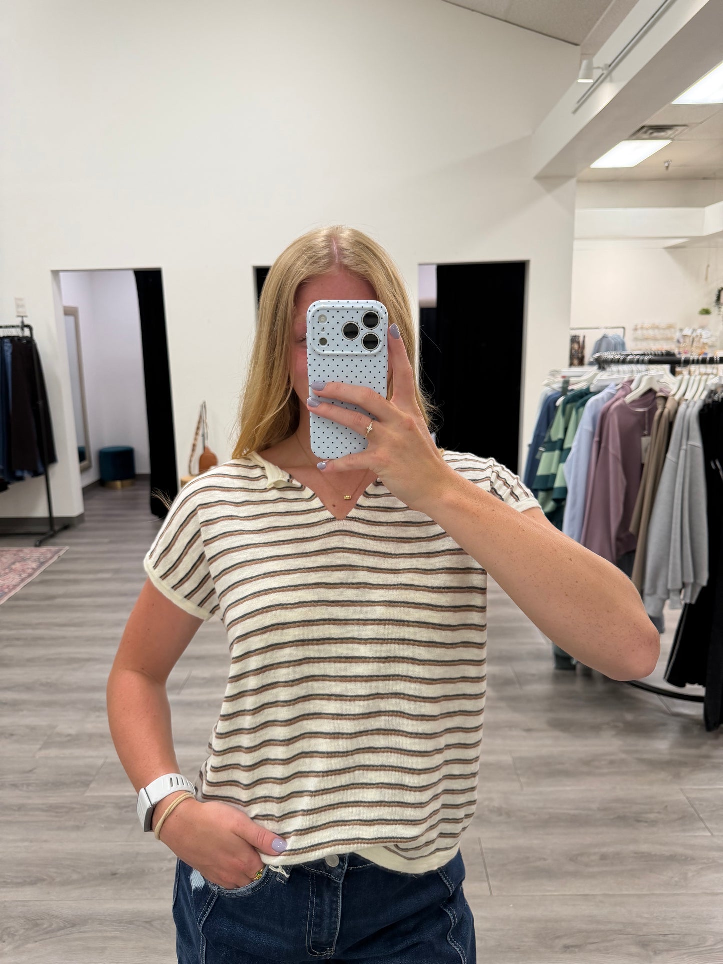 Front view of model wearing Multi Striped Slit Neck Sweater Top for Women