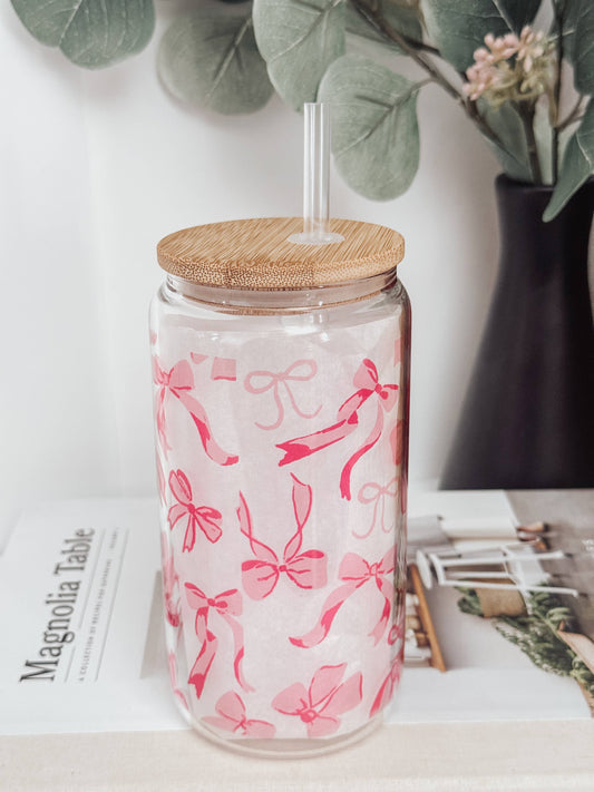 Pink Bows #2 16oz Glass Cup with Bamboo Lid: Clear