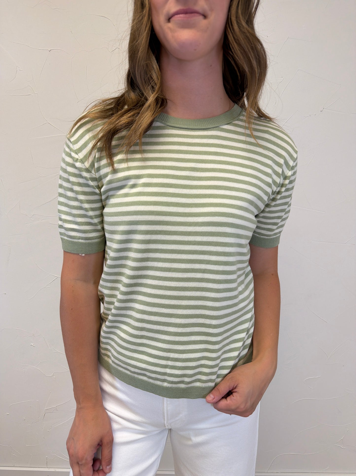 Crew Neck Half Sleeve Striped Sweater