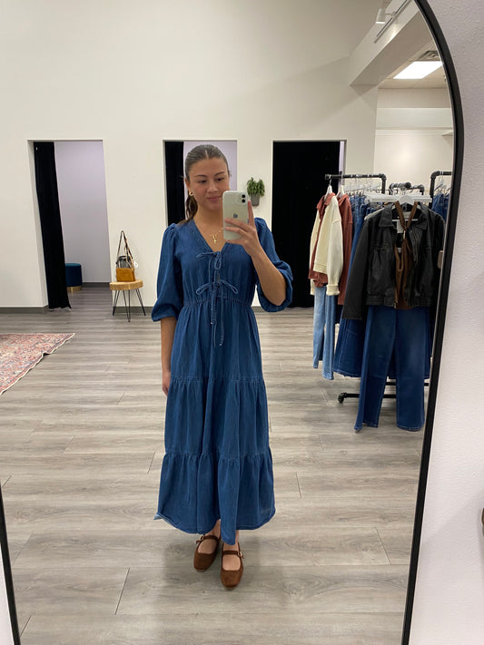 Front Tie 3/4 Sleeve Tiered Midi Dress