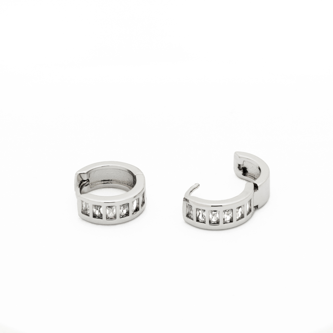 Silver Baguette Huggie Earrings: Yellow Gold