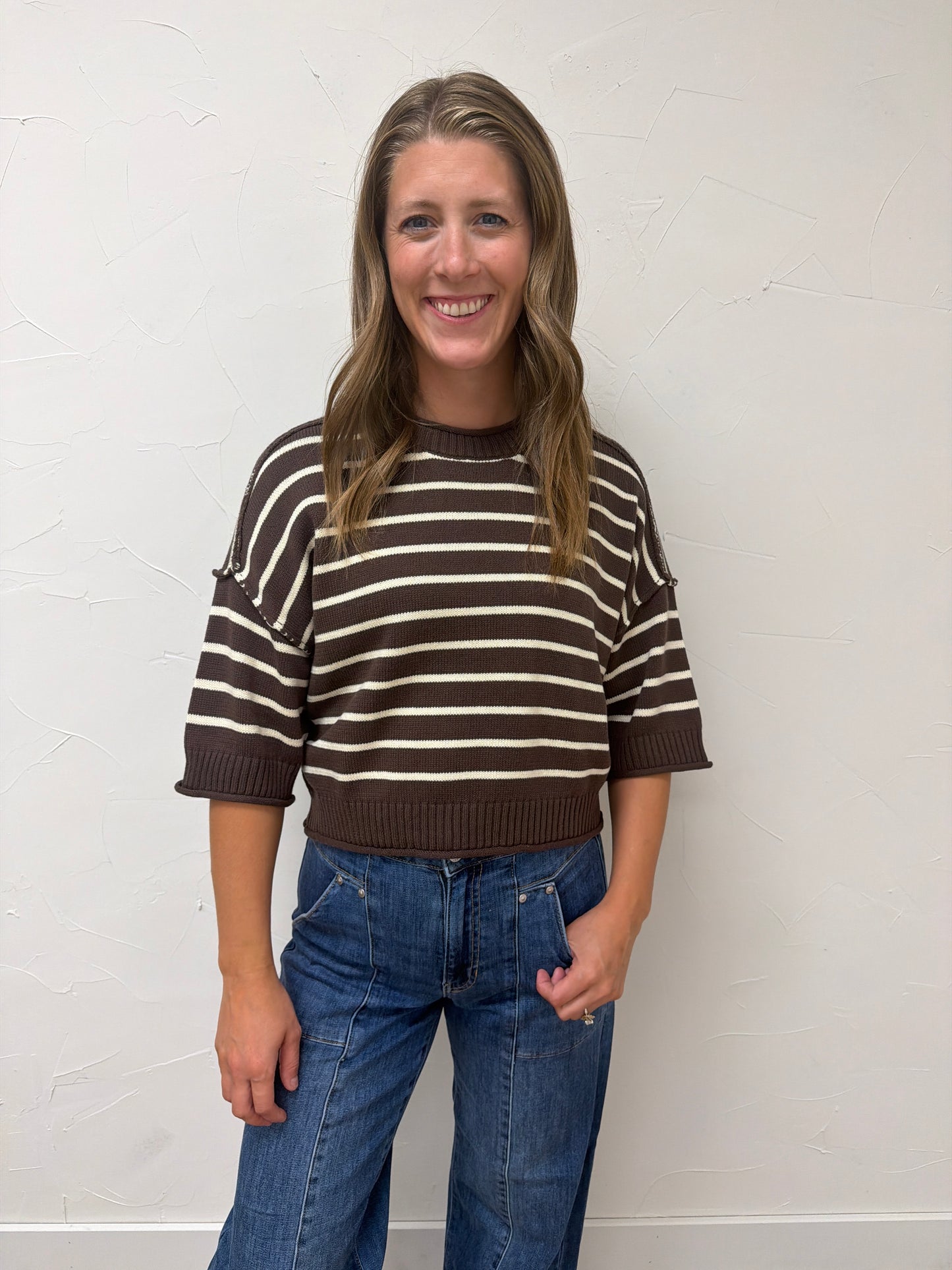 Exposed Seam Striped Round Neck Pullover
