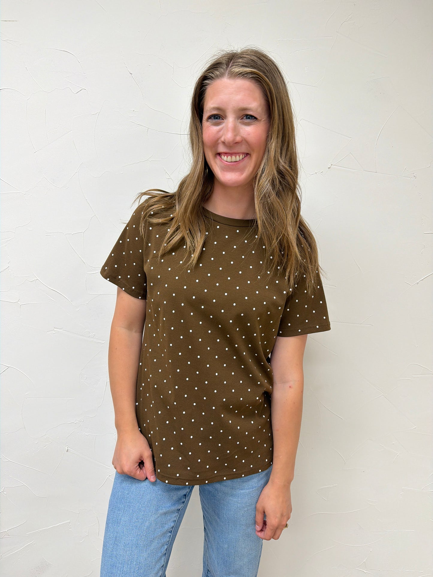 Polka Dot Crew Neck Cotton KNit Top