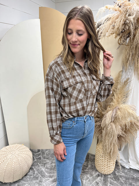 Plaid Relaxed Crop Shirt with Raw Edge Detail