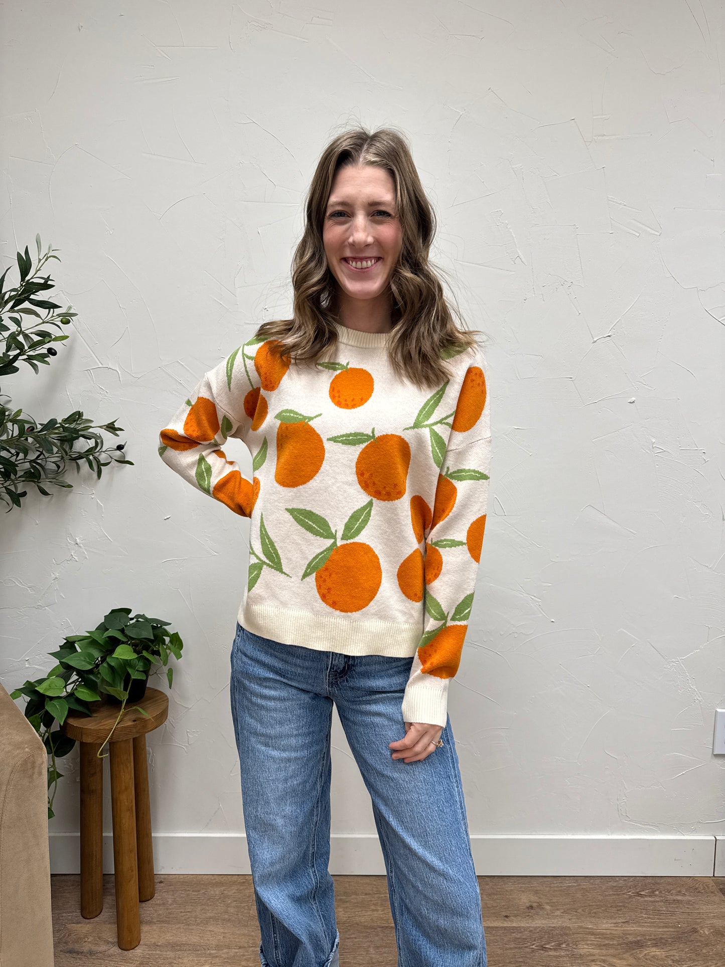 Orange Jacquard Pullover Sweater