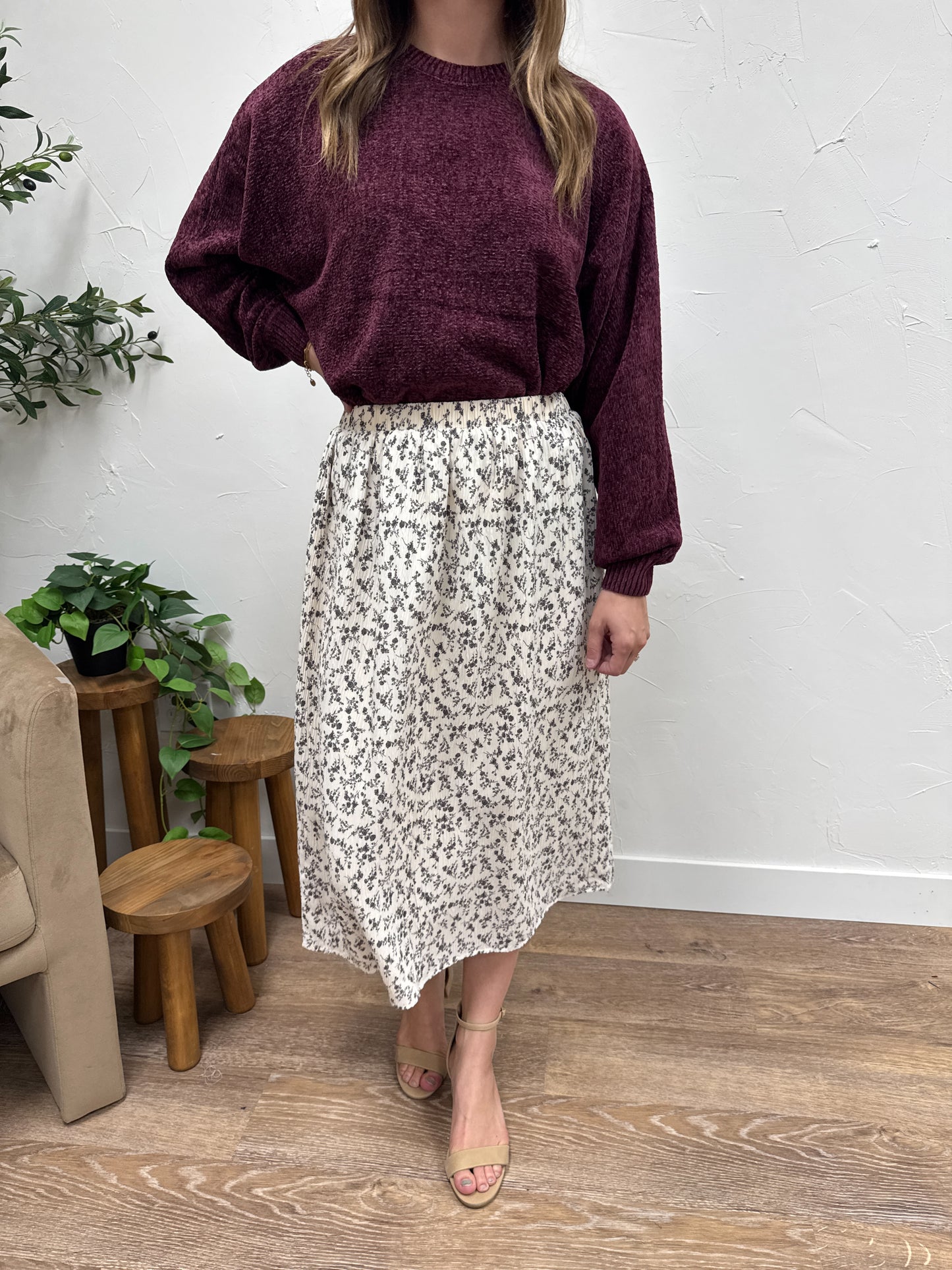 Floral Crinkle Midi Skirt