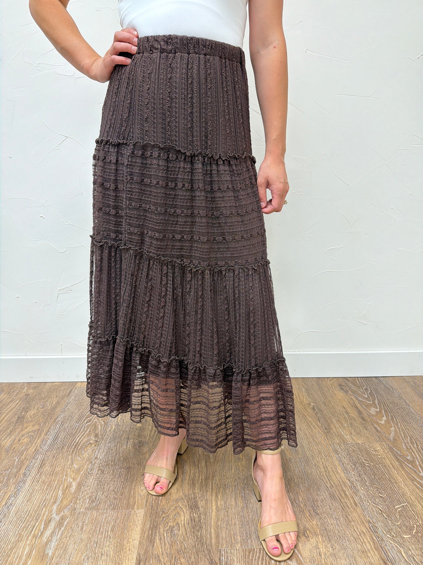 Textured Stripe Ruffle Tiered Midi Skirt