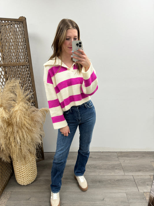 STRIPE DROP SHOULDER WITH WIDE COLLAR SWEATER