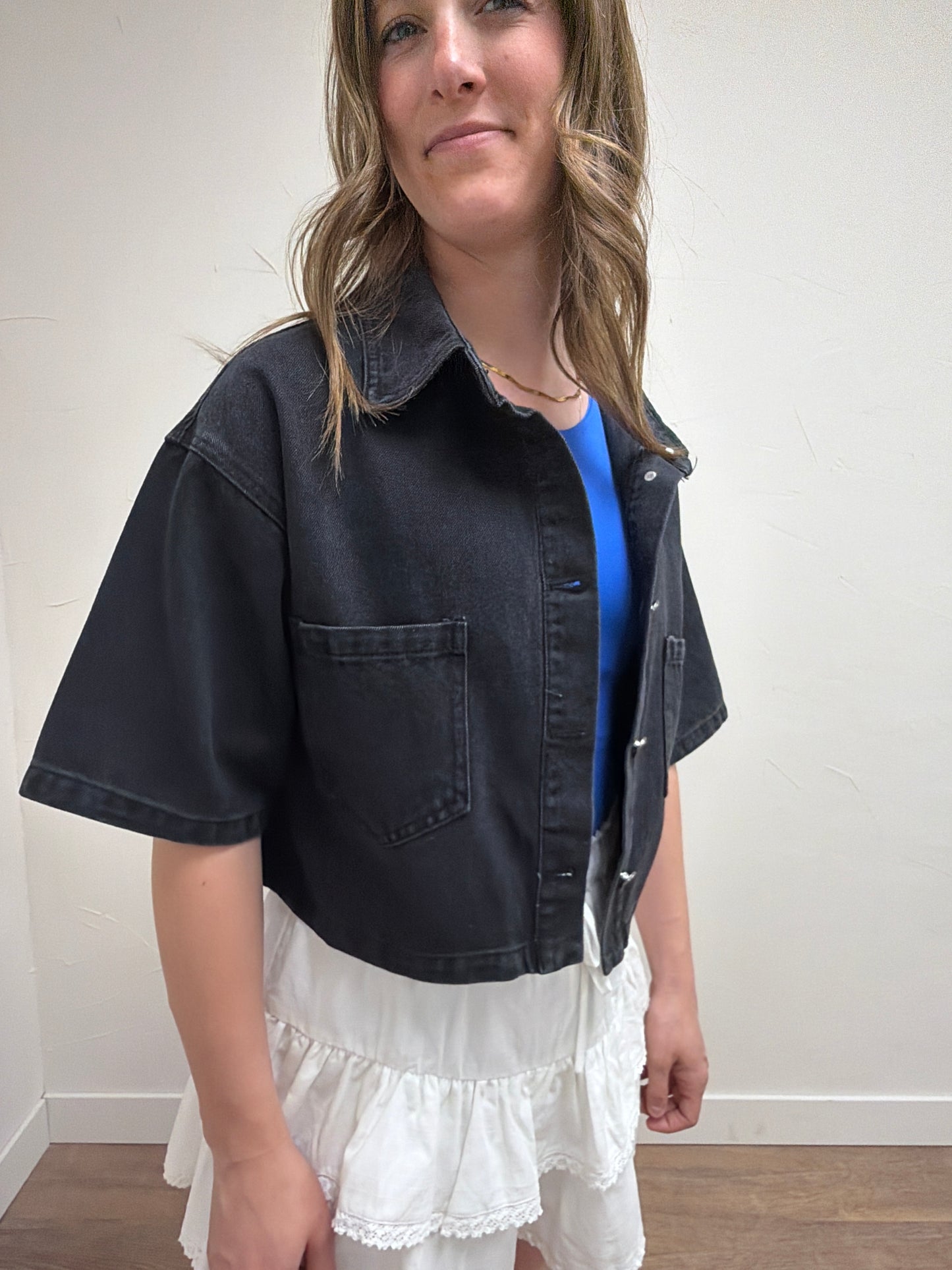 Cropped Denim Short Sleeve Jacket