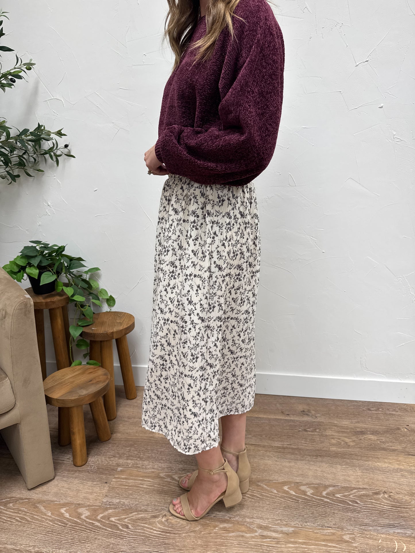 Floral Crinkle Midi Skirt