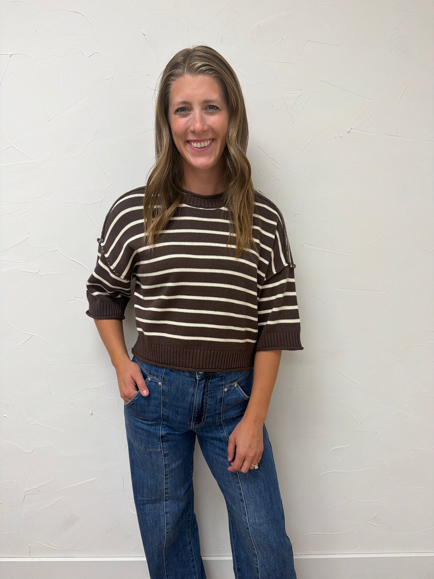 Exposed Seam Striped Round Neck Pullover